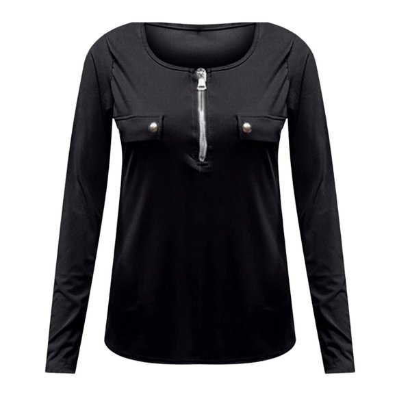 Deep V-Neck, Long Sleeve, Form-fitting, Pullover, Solid Zipper, T-shirt Top - Picture 2 of 7